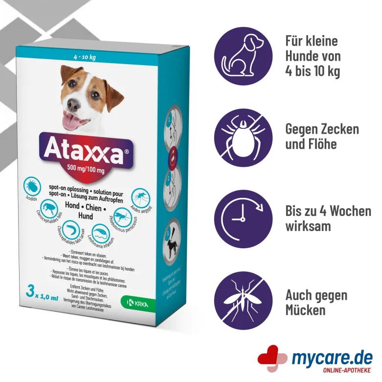 Ataxxa 500 mg/100 mg Lösung zum Auftropfen für Hunde 4-10 kg, 3 St