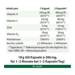 Bacillus subtilis plus Nattokinase-Enzym Vitamin K2 vegan, 60 St