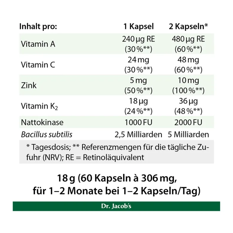 Bacillus subtilis plus Nattokinase-Enzym Vitamin K2 vegan, 60 St