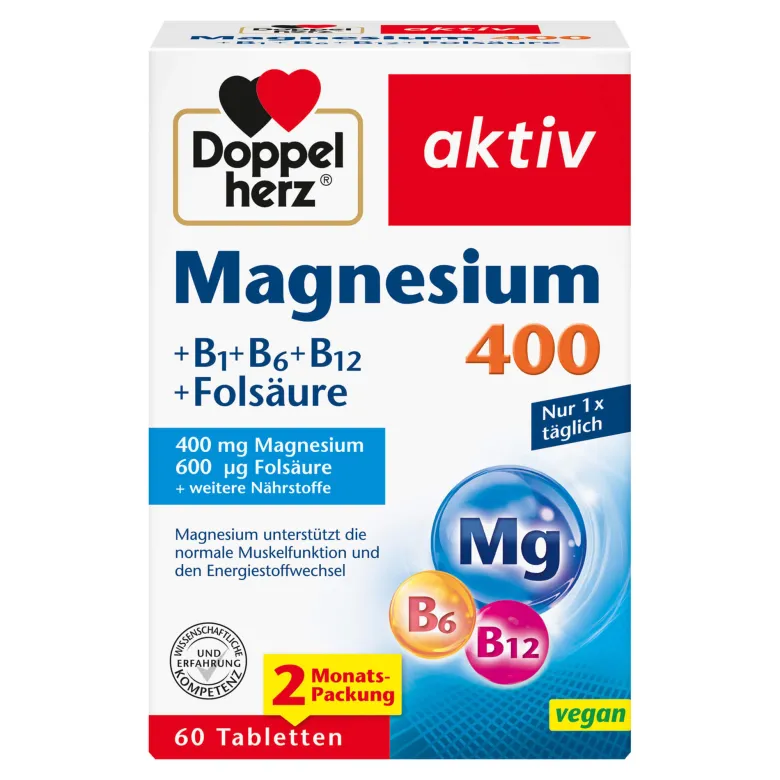 Doppelherz aktiv Magnesium 400+B1+B6+B12 Folsäure, 60 St