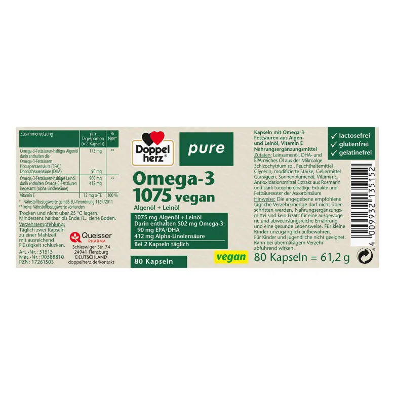 Doppelherz pure Omega-3 1075 vegan Kapseln, 80 St