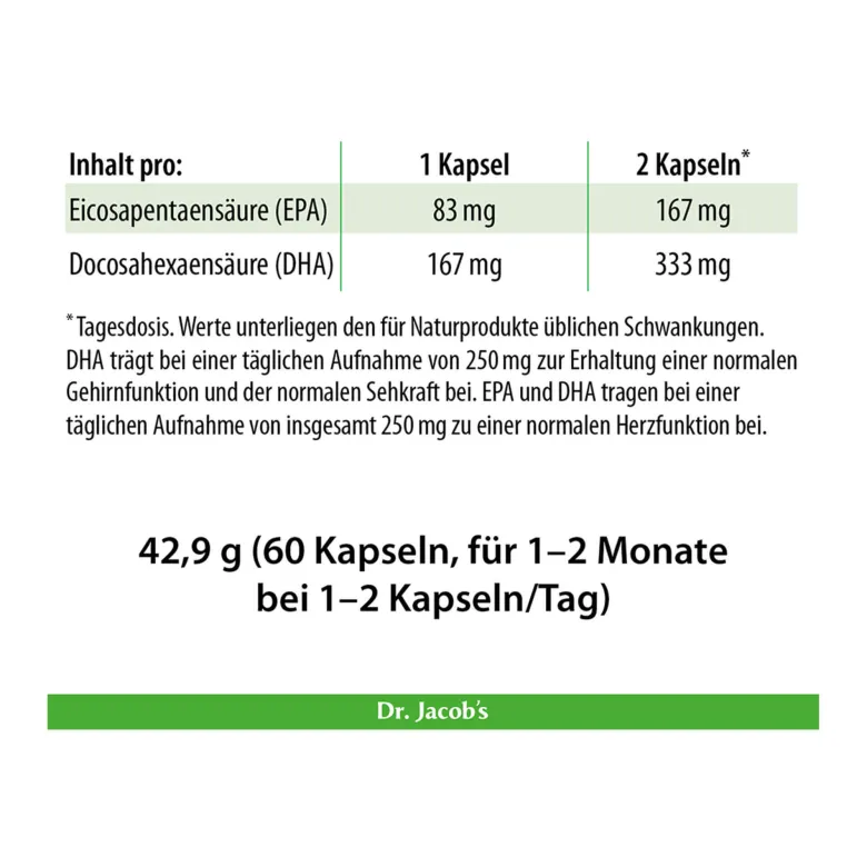 Dr. Jacob's DHA-EPA-Algenöl Kapseln Omega-3-Fettsäuren vegan, 60 St