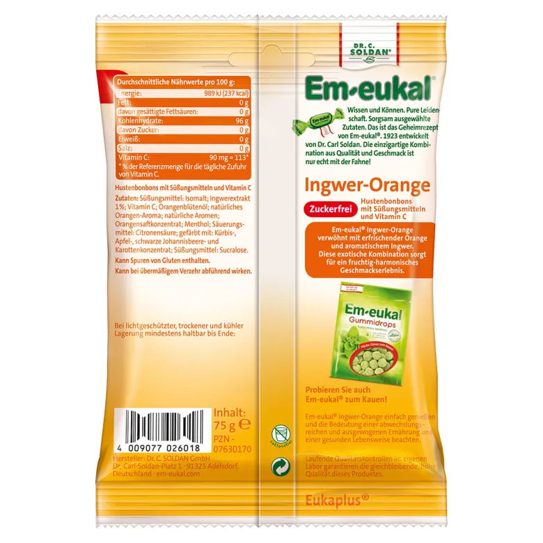 Em-eukal Bonbons Ingwer-Orange zuckerfrei, 75 g