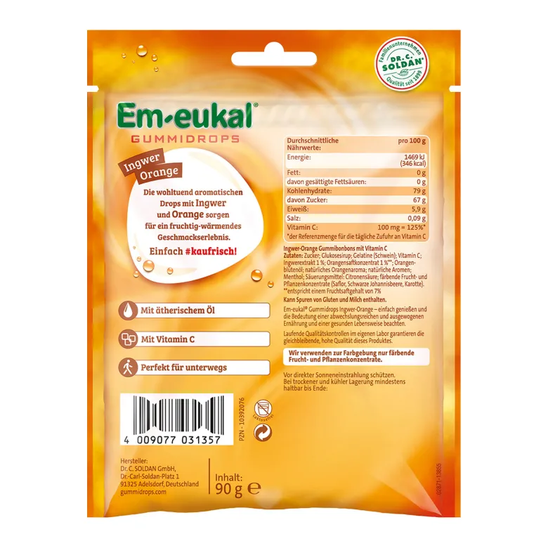Em-eukal Gummidrops Ingwer-Orange zuckerhaltig, 90 g