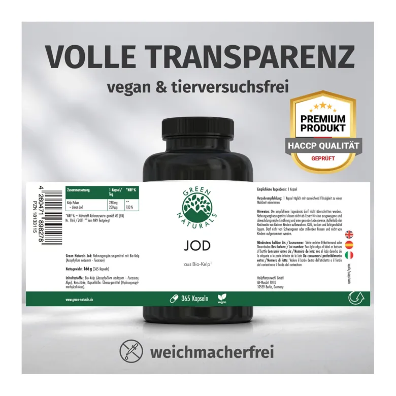 GREEN NATURALS Jod aus Bio-Kelp Kapseln, 365 St