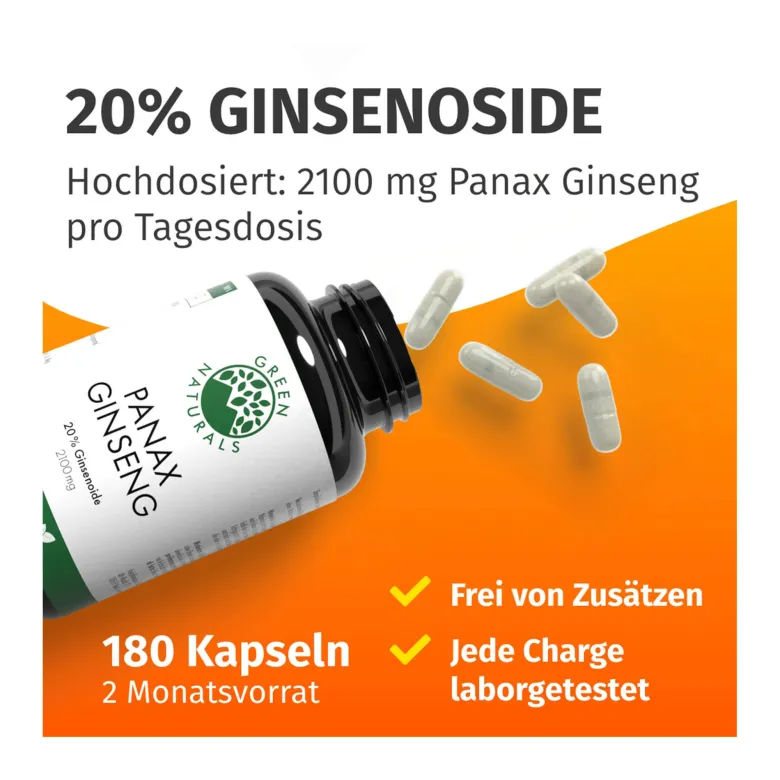 GREEN NATURALS Panax Ginseng hochdosierte vegane Kapseln, 180 St