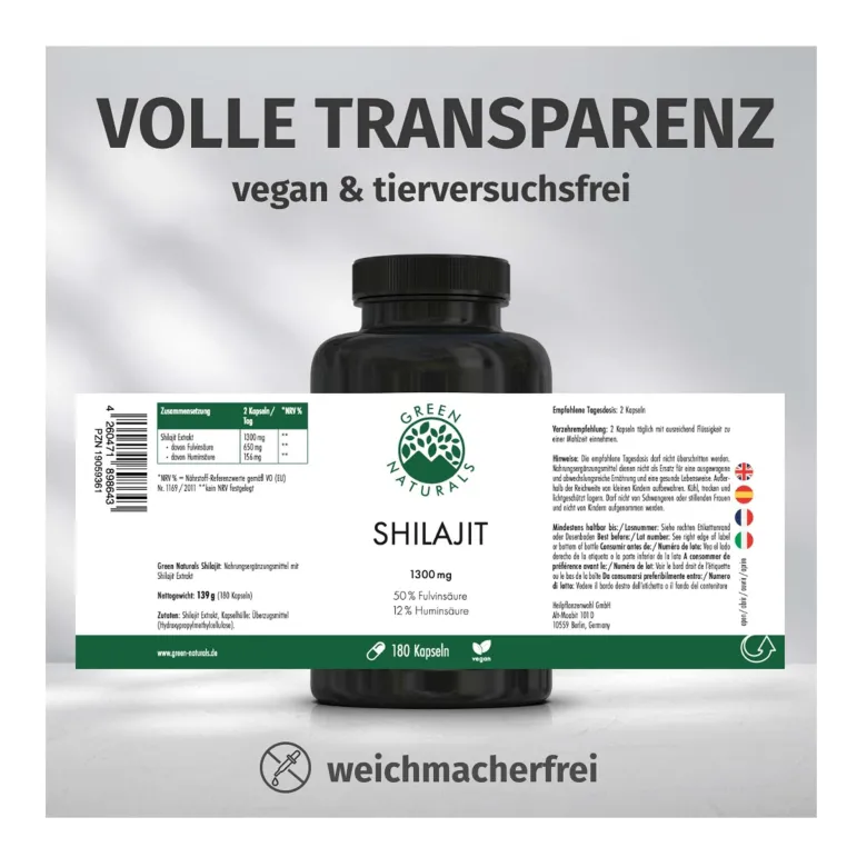 GREEN NATURALS Shilajit 1300 mg hochdosiert vegan, 180 St