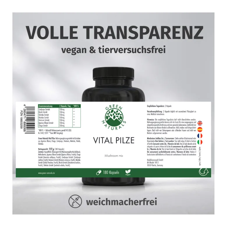 GREEN NATURALS Vital Pilze vegane Kapseln, 180 St