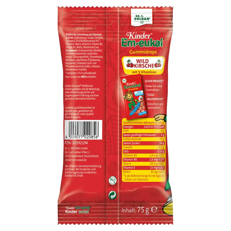 Kinder Em-eukal zuckerhaltige Gummidrops Wildkirsche, 75 g