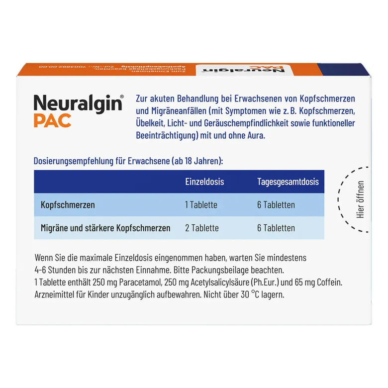 Neuralgin PAC Tabletten bei Kopfschmerzen und Migräne, 20 St