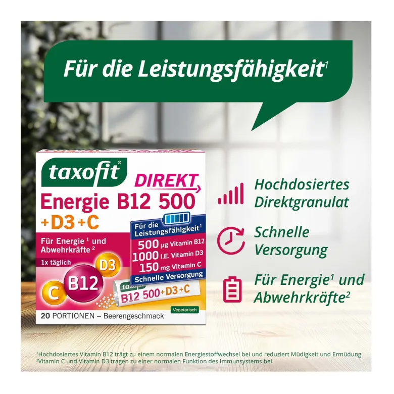 Taxofit Energie B12 500+D3+C Direkt, 20 St