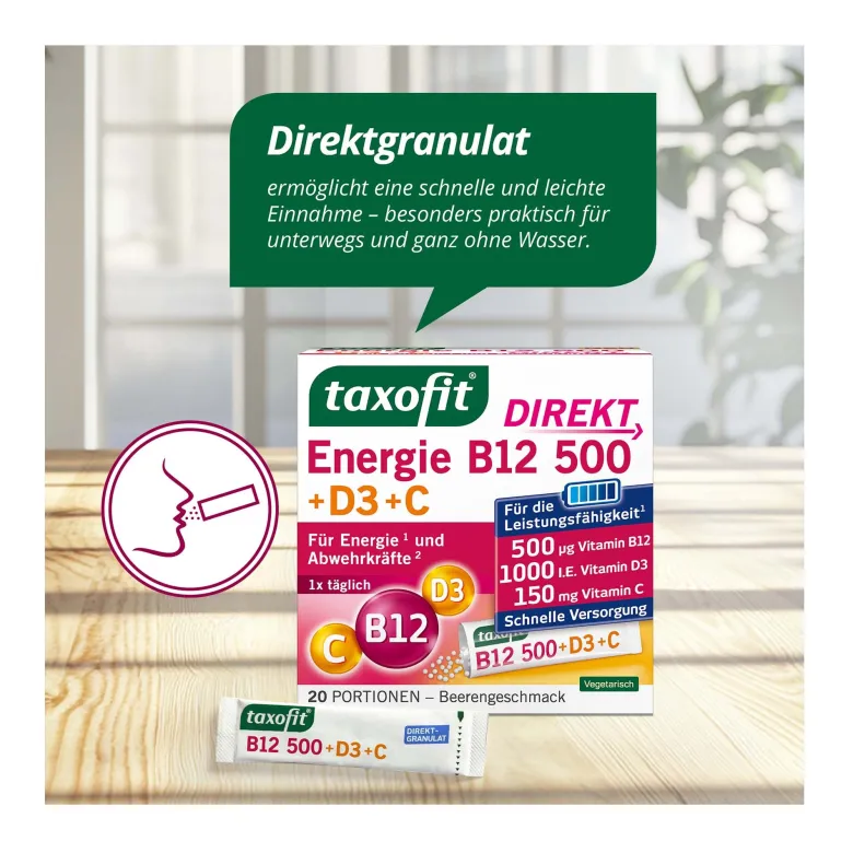 Taxofit Energie B12 500+D3+C Direkt, 20 St