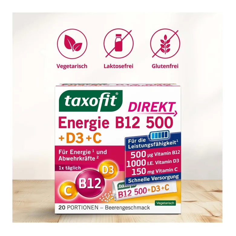 Taxofit Energie B12 500+D3+C Direkt, 20 St