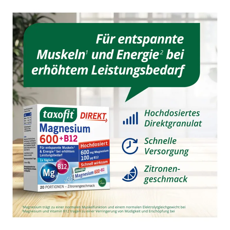 Taxofit Magnesium 600 + B12 Direkt-Granulat, 20 St