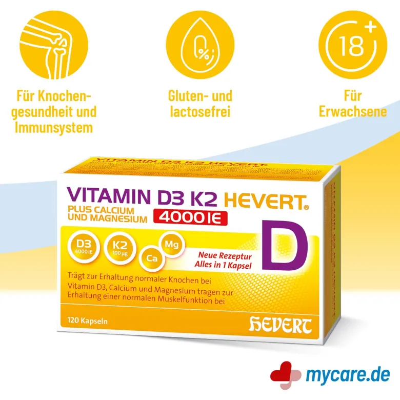 Vitamin D3 K2 Hevert+ Calcium und Magnesium 4000 IE Kapseln, 60 St